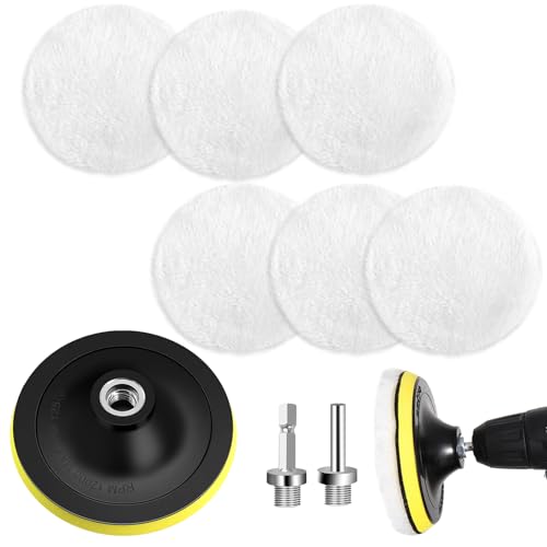 NVIYAM 9 Piezas Pulir Coche Kit, 125mm Almohadilla de Pulido de Lana con Disco Autoadhesivo, Pads de Pulido de Lana, Pulir Coche Taladro Almohadillas para el Coche Encerado Lijado