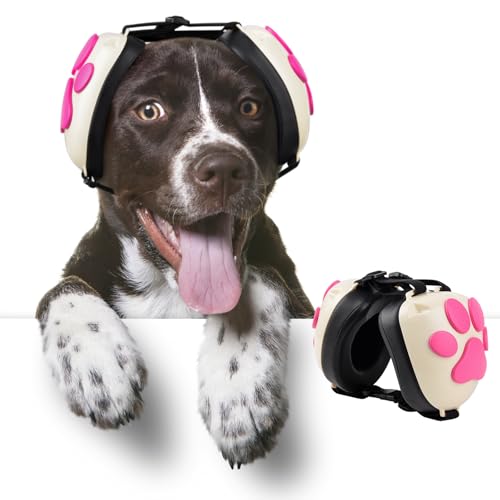 Famikako Upgraded Dog Ear Muffs for Noise Protection - 22dB NRR Noise Cancelling Headphones with Dog Paw Design, Calming Earmuffs for Thunder, Fireworks & Hunting (M, White-Pink)