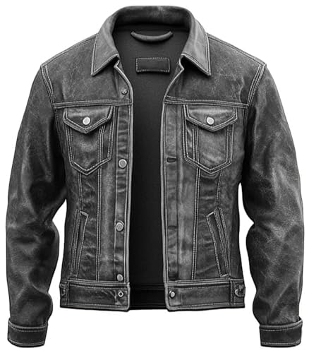 American Vintage Fashion Trucker Jacket Men - Western Motorcycle Real Cowhide Leather Jacket