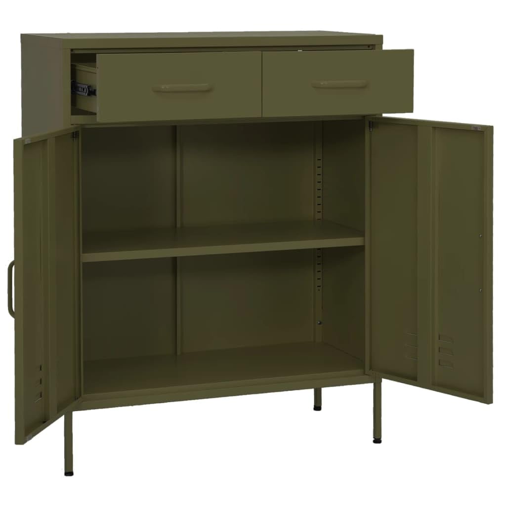 Oliwkowa metalowa szafka do przechowywania z 2 drzwiami, 2 wysuwanymi szufladami i regulowaną półką, 80 x 35 x 102 cm, szafka użytkowa do domowego biura i organizacji garażu