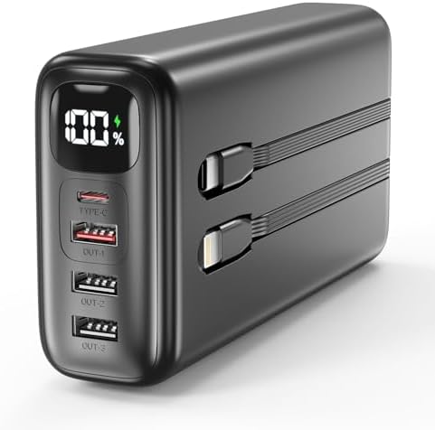 Powerbank 51000mAh, USB-C 22,5W Schnellladegerät Tragbares Ladegerät | Externer Akku mit eingebauten Kabeln, 6 Ausgänge & 2 Eingänge, LED-Anzeige, Handy Powerbank für iPhone Samsun