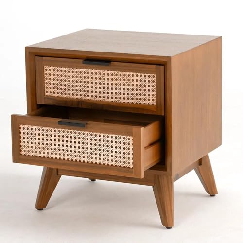 Image of Solid Wood Bedside Table with Rattan Drawers Mid Century Night Stand Cane Mid Century Modern Side Table with 2 Drawers-Multipurpose use for Living Room,Bedroom (Honey Finish)