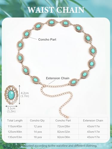 Image of FIORETTO Western Waist Chain Belt Metal Concho Belt for Women Cowgirl Cowboy Boho Country Belt for Dress Jean