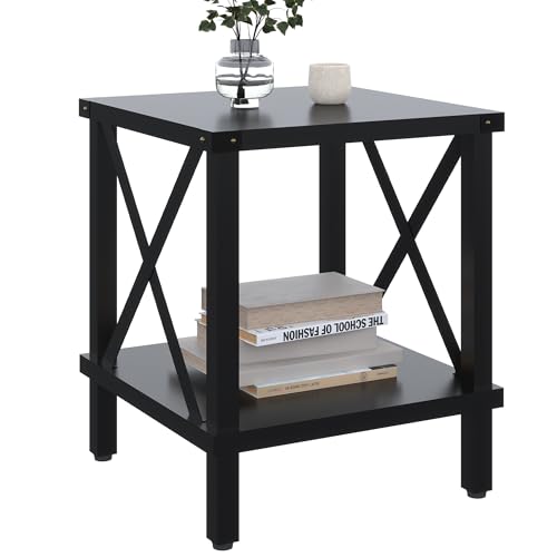 MMEOLUOOK Large End Table Farmhouse Side Table Industrial Style Sofa Table Coffee Table Metal X Accent Wood End Table NightStand with Storage Shelf for Living Room Bedroom Black MLBZ16B