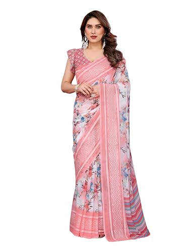 MOHIT CREATIONS Women's Partywear Georgette Floral Printed Saree || Indian Traditional Saree with Unstitched Blouse Piece (LinerPeach)