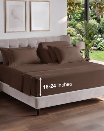 Image of CGK Unlimited Extra Deep Flex Top Split Head King Sheet Set - 6 Piece Breathable and Cooling Sheets - Hotel Luxury Bedding for Women, Men, Kids & Teens - Easy Secure Fit - Extra Deep Pockets - Brown
