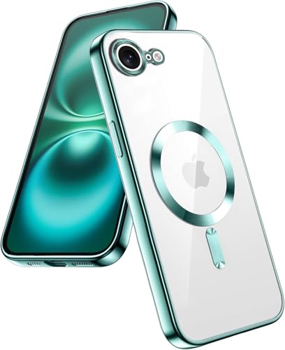 Image of VONZEE Electroplating Transparent Clear Logo Back Cover TPU Compatible with iPhone 17e / iPhone 16e Case, Compatible with Magsafe, Full Body & Camera Protection for Each Lens for Men & Women (Green)