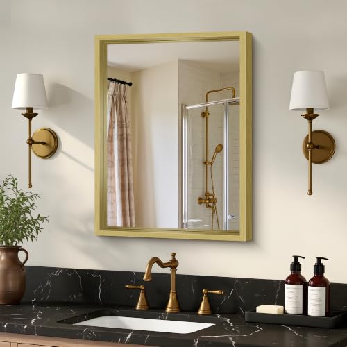 Image of Bathroom Mirror, 18 x 24 inch Natural Wood Grain Colored Aluminum Metal Frame Bathroom Vanity Mirror, Rectangle Wall Mirror for Bedroom Living Room, Tempered Glass, Horizontal or Vertical