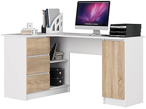 AKORD Bureau Ordinateur D`Angle B-20 | L155 x H77 x P85 60 kg | 3 Tiroirs 2 Étagères Étagère avec Porte | Grand Bureau de Chambre PC Desk Table