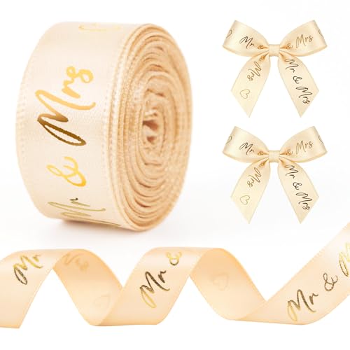 Hochzeit Schleifenband 5 m x 15 mm Mr & Mrs Deko Geschenkband Goldene Dekobänder Hochzeit mit Herz für Hochzeitsdekoration Hochzeitseinladungen Brautsträuße Geschenk Verpackungen DIY
