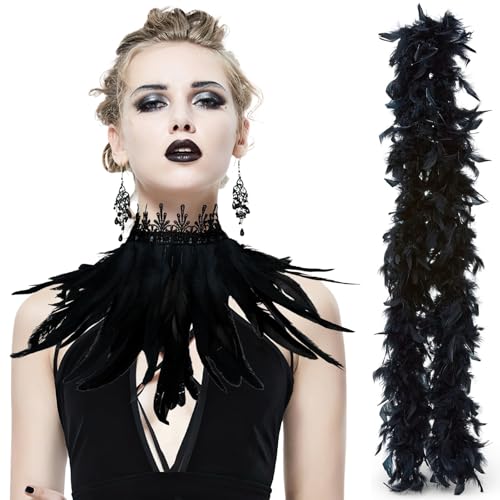 Featherboa Schwarz, Frauen Hals Federn Schwarz, Maleficent Kostüm Damen,Retro Feder Manschette Spitze Flügelhals, Gotische Mesh Hals Karneval...