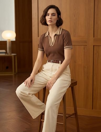 Image of FYLTR Women's Modern V-Neck Striper Collar Solid Polo T-Shirt - Contrast Tipping Details | Regular Fit | T-Shirts for Women | Open Placket