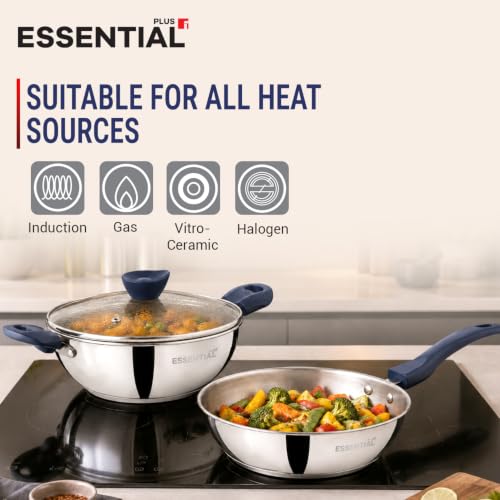 Image of Bergner Essential Plus Stainless Steel 5 Pcs Cookware Set - 22cm /2.5L Kadai with Lid, 22cm Frypan, 16cm /1.5L Saucepan with Lid, Sturdy Bakelite Handles, Even Heating, Thick Triply Bottom