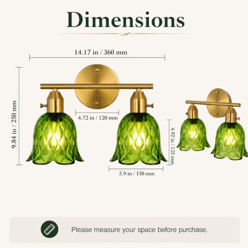 Image of 2-Light Hardwired Wall Sconces Set of Two, 14.17 inch Gold Bathroom Sconces with Clear Green Glass, Vintage Sconces Wall Decor Set of 2 Wall Light fixtures for Bathroom Mirror Living Room Hallway Bedroom