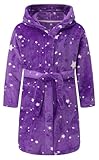 Childlike Me Girls Fleece Hooded Robes Soft Plush Bathrobe for Kids 2-16 Years Purple Stars 13-14 Years