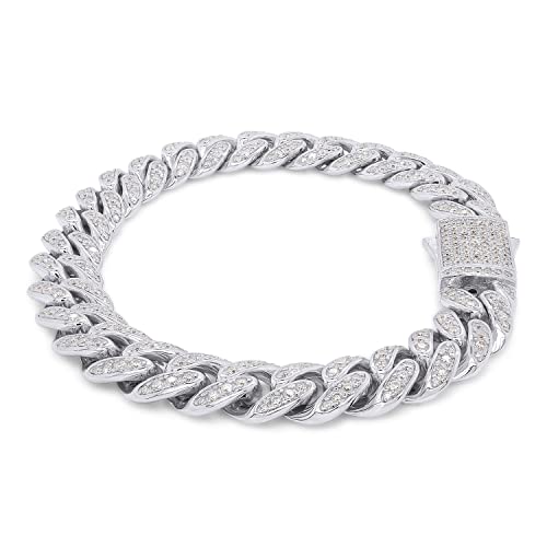 Savearth Diamonds Round Cut Lab Created Moissanite Diamond 10Mm Width Cuban Chain Bracelet In 14K White Gold Over Sterling Silver Jewelry For Men (G-H Color, Vvs1 Clarity, 3.00 Ct) 8.5" Long #TOP1
