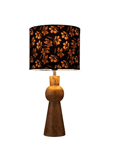 Image of Green Girgit Wooden Skirt Lamp with Multicolor Black Floral Shade