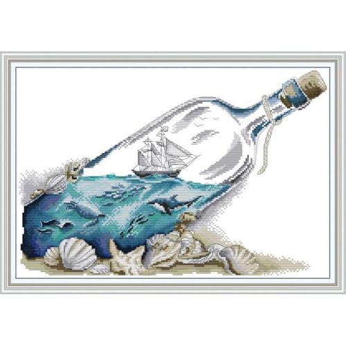 Image of JOYSEWING Message in a Bottle Stamped Kits Cross Stitch for Adult 11CT Printed Cross Stitch Kits for Beginners, Easy Embroidery Needlepoint Kits DIY Craft kit - (Sea in a Bottle) 21.3x15 inch
