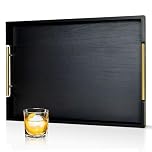 OurMiao 22 Inches Black Wood Serving Tray with Gold Metal Handles, Large Wooden Rectangle Ottoman Tray, Decorative and Durable Design for Living Room Coffee Table Couch Kitchen