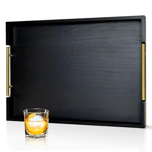 OurMiao 22 Inch Rectangle Black Ottoman Tray with Gold Metal