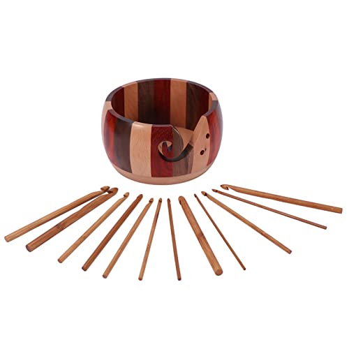 fayle 13pcs/Pack Crochet Hook Set, Wooden Yarn Bowl Holder with 12 pcs Bamboo Crochet Hook for Knitting Crocheting DIY Arts Crafts(Wood Color)
