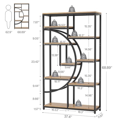 Image of Tribesigns Bookshelf Industrial 5 Tier Etagere Bookcase, Freestanding Tall Bookshelves Display Shelf Storage Organizer with 9-Open Storage Shelf for Living Room, Bedroom (Light Oak)