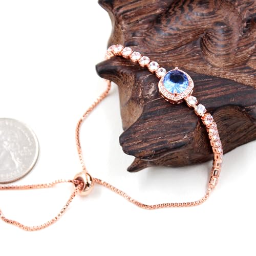 Image of Rose Plated Gold Brass Box Chain Cubic Zirconia Classic Tennis Slider Adjustable Bracelet, Round Big Zircon Charm Give Woman Mom Mother's Day Fashion Crystal Gift
