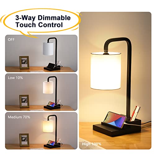 3-Way Dimmable Touch Control Lamps For Nightstand, Bedside Lamp With Usb Ports & Outlet, Linen Shade, 2 Phone Stand & 1 Pen Holder, Modern Desk Lamp Side Table Lamp For Bedroom Living Room Reading #TOP1