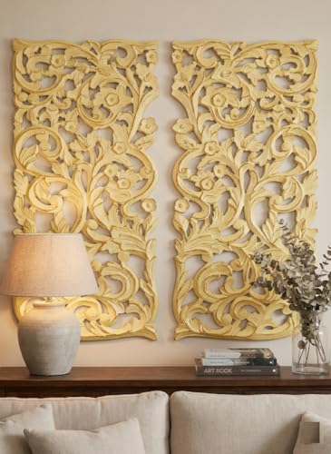 Image of VAS Collection Home Floral MDF Wall Decoration Panel, Wall Decoration Hanging, Wood Carving Wall Decoration Panel for Living Room, Bedroom, Hallway, Office (12 inch Inch X 27 inch Inch (Yellow)