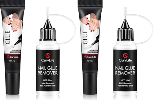 Image of Curvlife 10g Semi-Solid Glue and 20ml Pinpoint Glue Remover Kit - Gel for Press on Nails, Quick Dry No UV Lamp Needed with Gentle Non-Acetone Remover, Fake Nail Tips (Pack of 2)