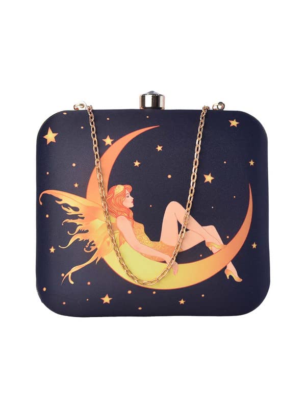 Moonlight Princess Portrait On Star Navy Blue Background Clutch For Women With Detachable Strap-image-24