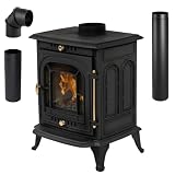 Kaminofen Holzofen Gusseisen 4,5 kW / 7 kW / 10 kW / 17 kW, freistehender Ofen mit Rauchrohr-Set, Ecodesign, CE, hitzebeständiges Glas, Aschekasten, für Holz (7 KW)
