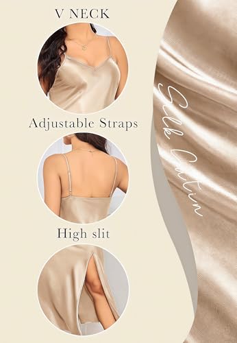 Image of ALCEA ROSEA Women's Long Satin Slip Dress Nightgowns Sexy Lingerie Adjustable Strap Midi Dress Silky Gown V Neck Under Dress