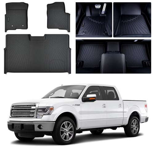 SANBAN-AXE Floor Mats for Ford F-150 SuperCrew/Crew Cab 2010-2014 All-Weather Custom Fit Front & 2nd Row 3-Piece Set Bucket Seats Black