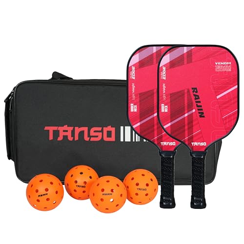 Image of TANSO Raijin Fiberglass Pickleball Paddle Starter Bundle with 2 Paddles and 4 Pickleballs and Free Carry Bag (220 Grams, Light Weight+ Hexa Core Pickleball Paddle)