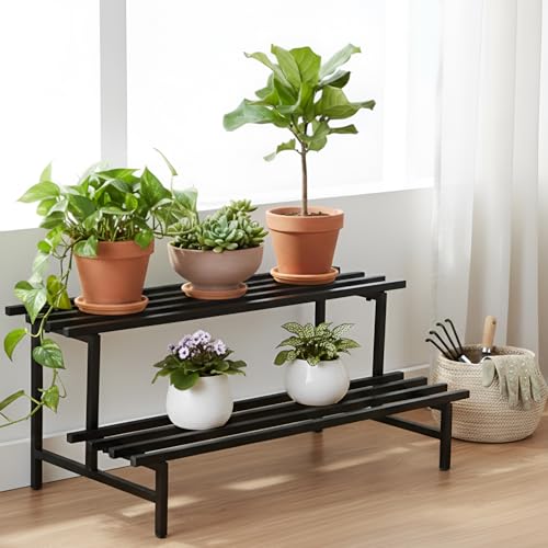 Image of Pivalo 2-Tier Rectangular Plant Stand Anti-Rust Metal Shelf Flower Pot Holder Outdoor & Indoor Planters Gamla Stands for Balcony & Living Room Home Decor (Set of 1, Black)
