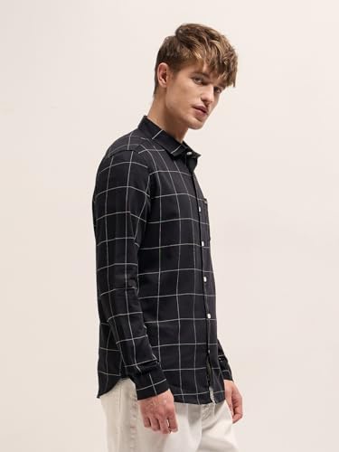 Image of THE BEAR HOUSE Men's Black Slim Fit Full Sleeve Cotton Check Shirt