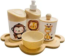 Kit Higiene Safari Leão, macaco, girafa - Tampa Madeira - Nuvem Crua FULL