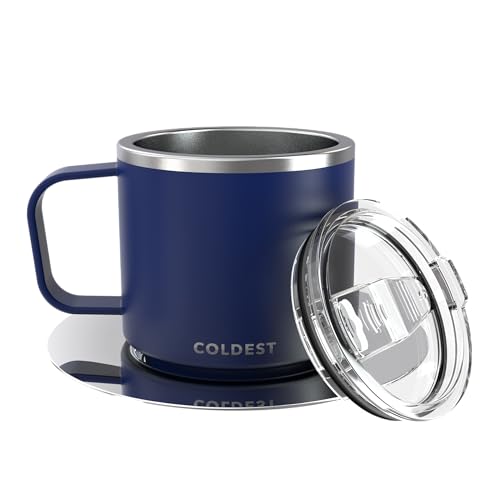 Stackable Insulated Espresso Cup with Saucer by Coldest - Insulated Triple Wall Travel Stainless Steel Travel Double Shot Espresso Coffee Mug with Sliding Lid (4 oz, Dark Blue)