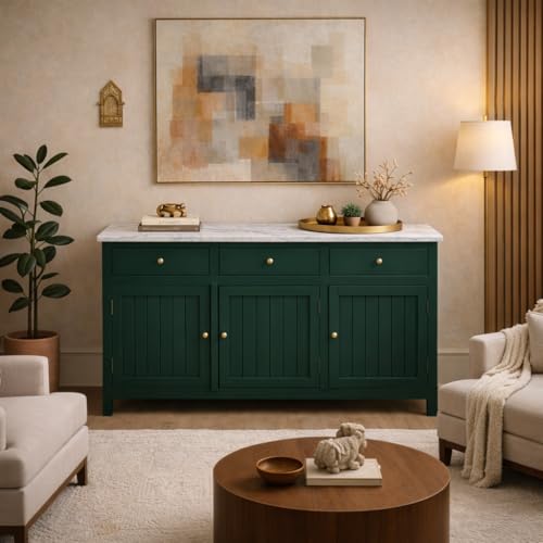 Image of Solid Wood Madrid 3 Door Sideboard Cabinet with Sintered Stone Top for Living Room | Acrylic Emerald Green Finish | 130x40x80 cm