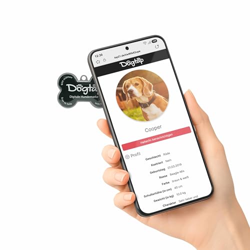 Dogtap Solid, digitale Hundemarke Knochen, mit NFC-Chip und QR Code für Kontaktdaten und Steckbrief, PVC, Metall, wasserfest, robust, 41,6 x 28,5 x 4,6 mm