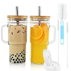 Glass Cups with Bamboo Lids and Straws,24oz Tumbler With Handle,2 Pack Mason Jar with Lid and Straw-Wide Mouth Reusable Drinking Glasses,Boba Cup Smoothie Tumbler Iced Coffee Cup Travel Mug
