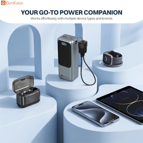 Image of Bonkaso 10000mAh 22.5W PD Power Bank with Inbuilt Type-C to Type-C Cable, Digital Display, USB-A & Type-C Output, Compact Metallic Grey Portable Charger for Mobiles, Tablets & Type-C Devices