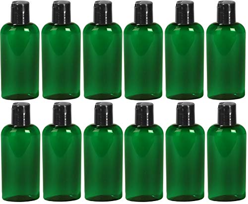 Oval Cosmo Bottles, PET Plastic Empty Refillable BPA-Free, with Black Disc Caps (12 count) (2 ounce, Green)