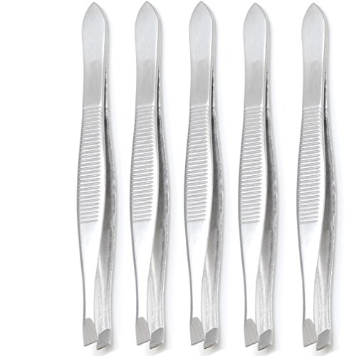Luxxi (5 Pack) Slant Tweezers - Precision Sturdy Stainless Steel Slant Tip Tweezers Hair Plucker for Hair and Eyebrows Personal Care (Silver Tone)