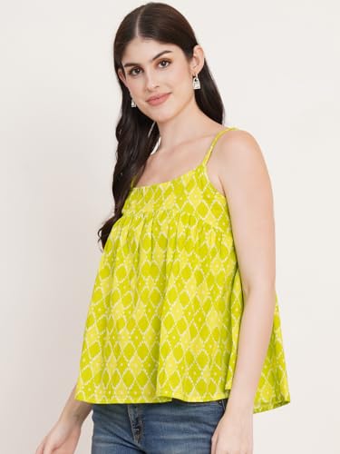Image of FABRIC FITOOR Women's Lime Green Color Geometric Print Cotton Fabric Crop Top