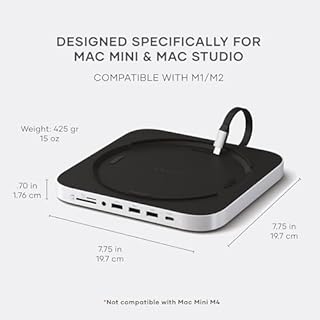 SATECHI Mac Mini Hub & Stand with SSD Enclosure (𝗗𝗼𝗲𝘀 𝗻𝗼𝘁 𝘀𝘂𝗽𝗽𝗼𝗿𝘁 𝗠𝗶𝗻𝗶 𝗠𝟰) for NVME/SATA M.2, Dock with USB-C 10Gbps for Mac Studio M1 - M4, Mac Mini M2/M1 – Silver