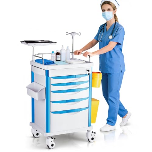 Image of Crash Cart Medical ABS Material, Medical Cart with Drawers, Adjustable IV Pole, Silent Casters, Trash Bins, O2 Holder, Needle Disposal Holder, CPR Board, Nursing Cart for Hospital Clinic