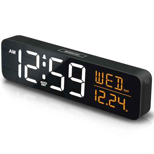 Image of Peakeep Large Display Digital Alarm Clock for Bedroom with Date Day of Week | Calendar Desk Table Clocks for Living Room Office, Dimmable Plug in Electric Clock Battery Backup, 5 Volumes, Loud, Auto DST