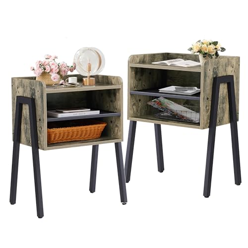 VECELO - Juego de 2 mesas auxiliares industriales apilables con Compartimentos de Almacenamiento Abiertos de 2 Niveles para Dormitorio, salón y Espacios pequeños, Color Gris